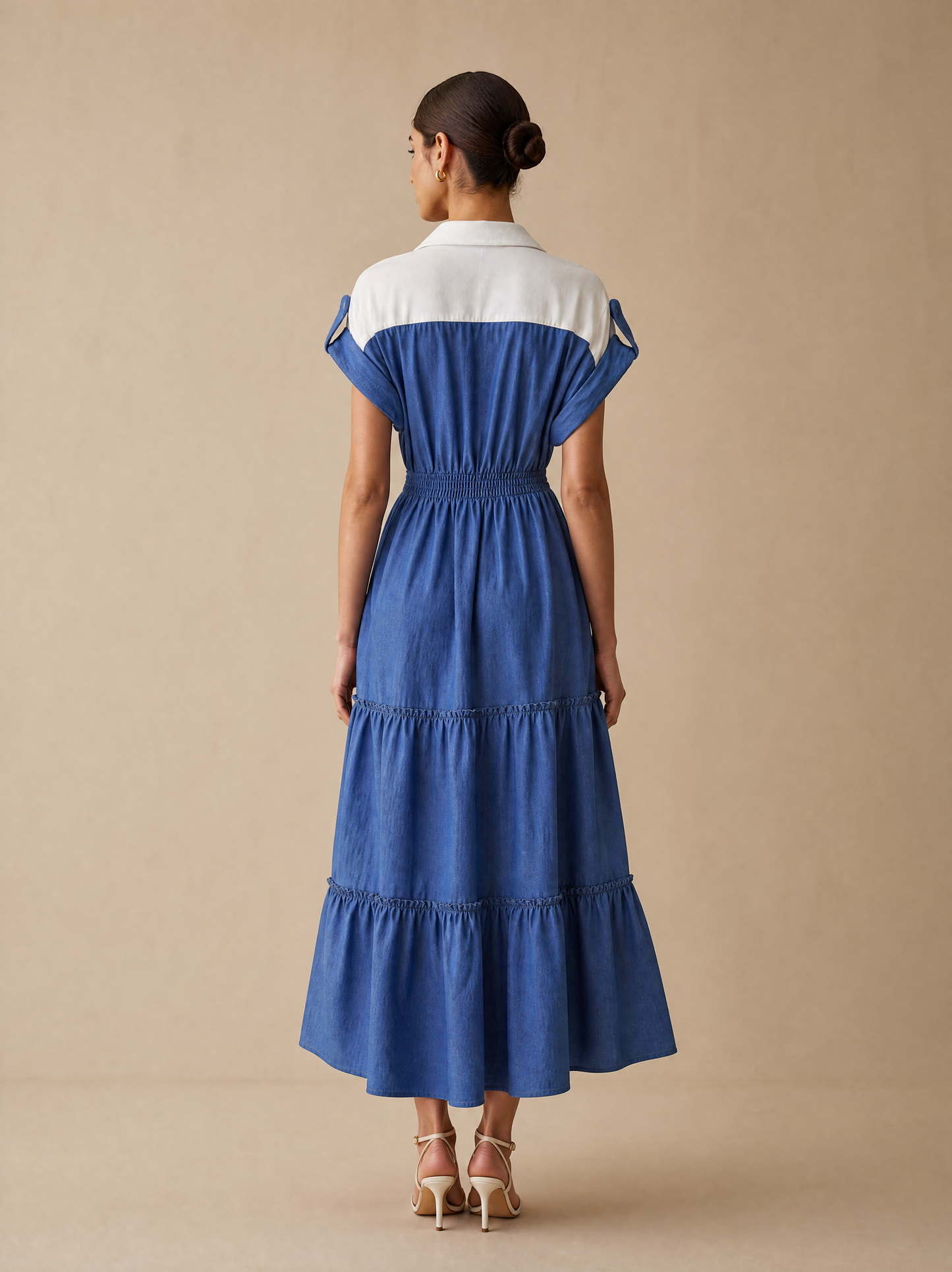 Denim dress with smocked detail and front tie