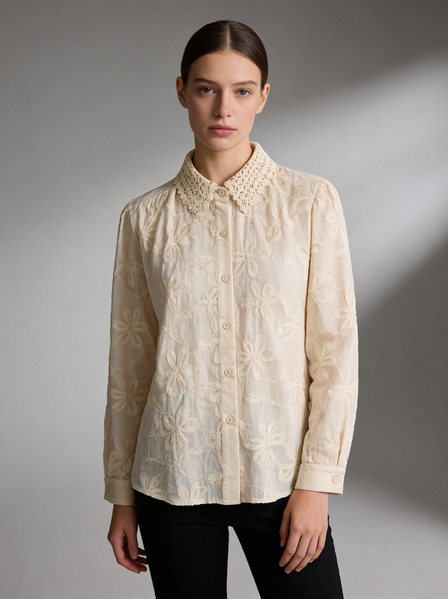 Women's embroidered lace top with a crochet collar