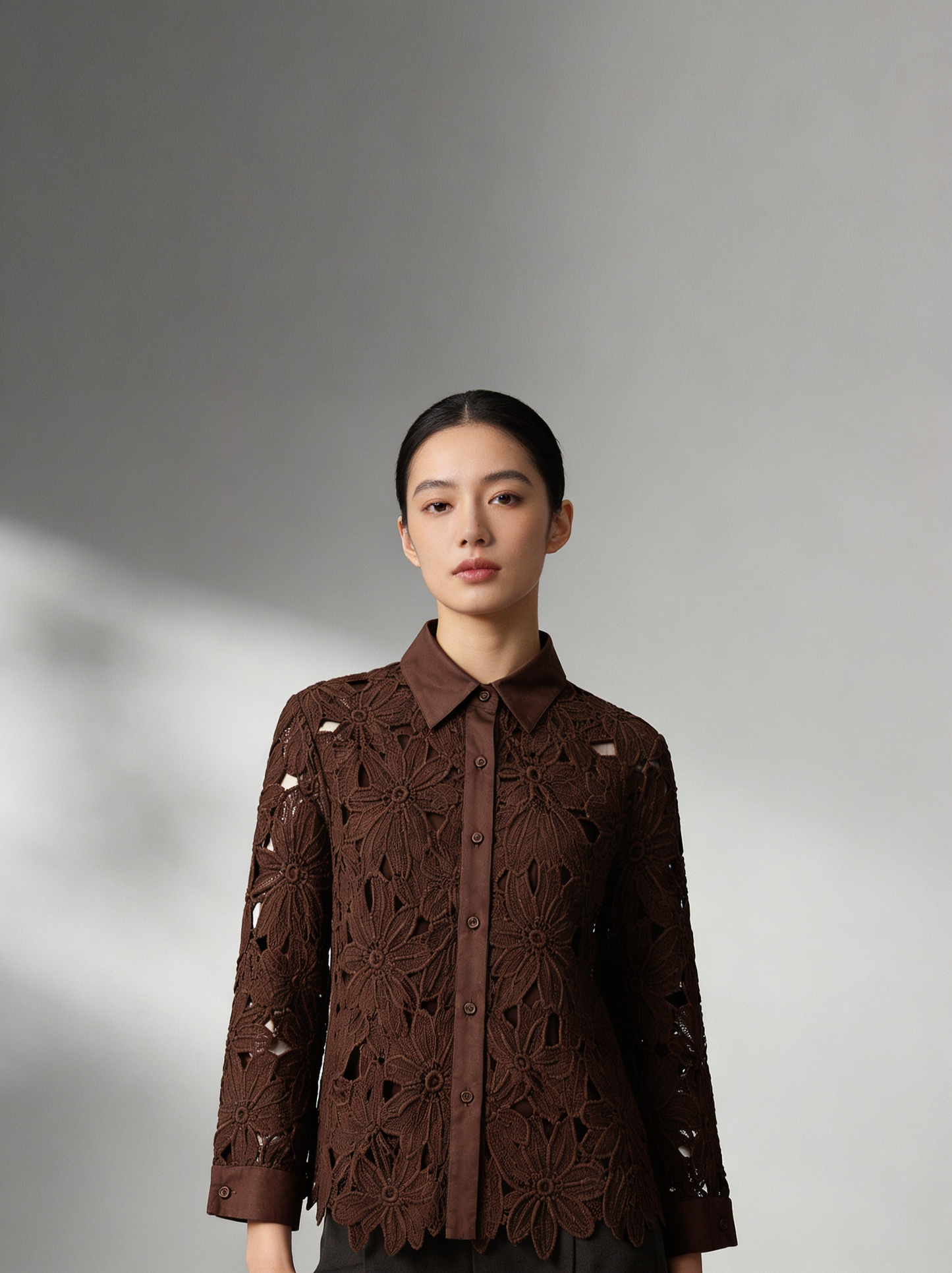 Women's Floral Embroidered Lace Shirt with Classic Collar