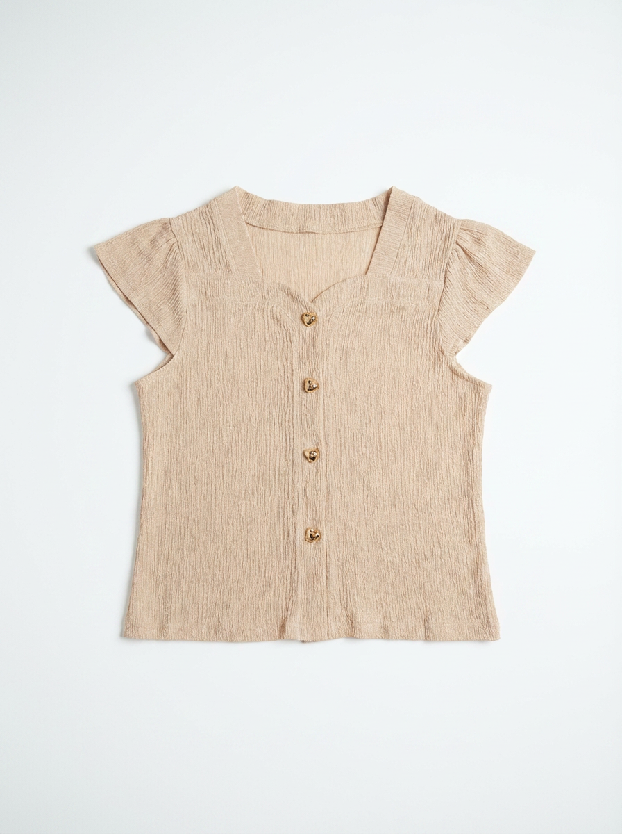 Blouse with gold buttons and short sleeves