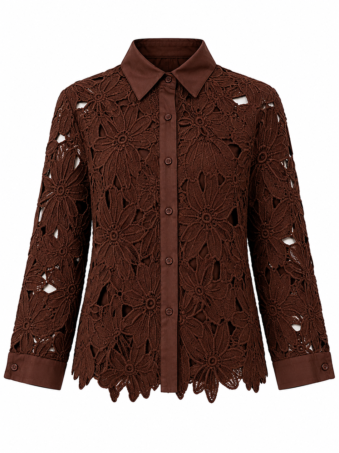 Women's Floral Embroidered Lace Shirt with Classic Collar