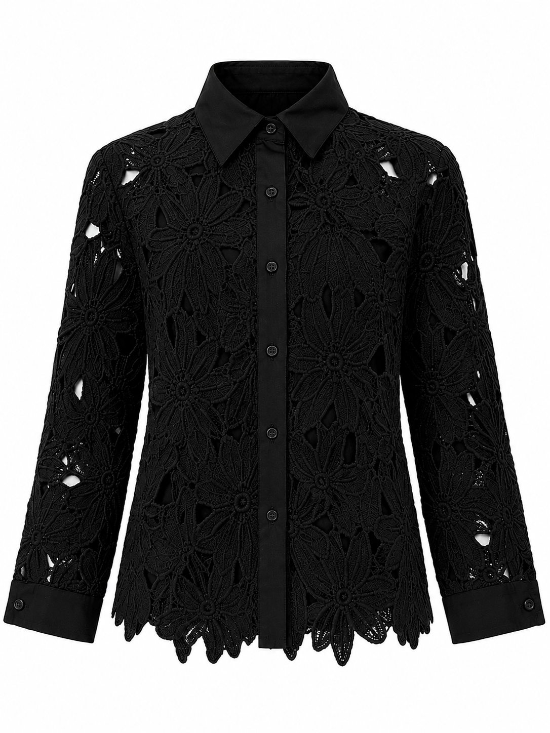 Women's Floral Embroidered Lace Shirt with Classic Collar