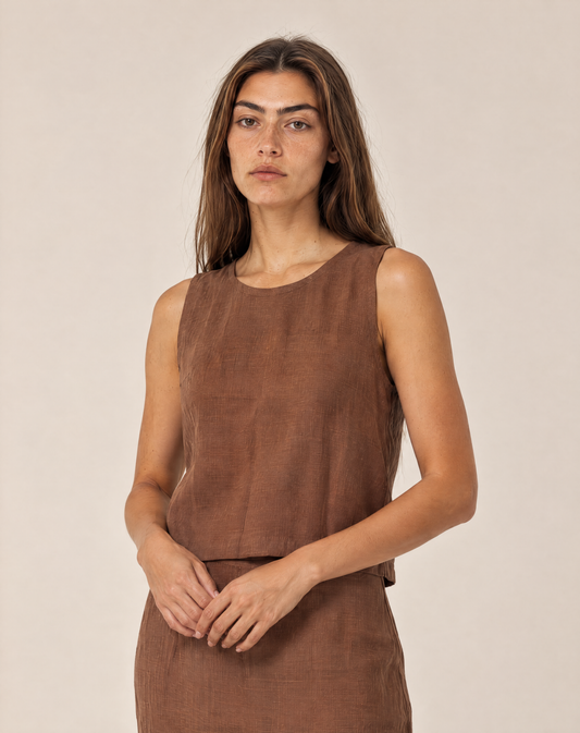 Sleeveless linen top in brown