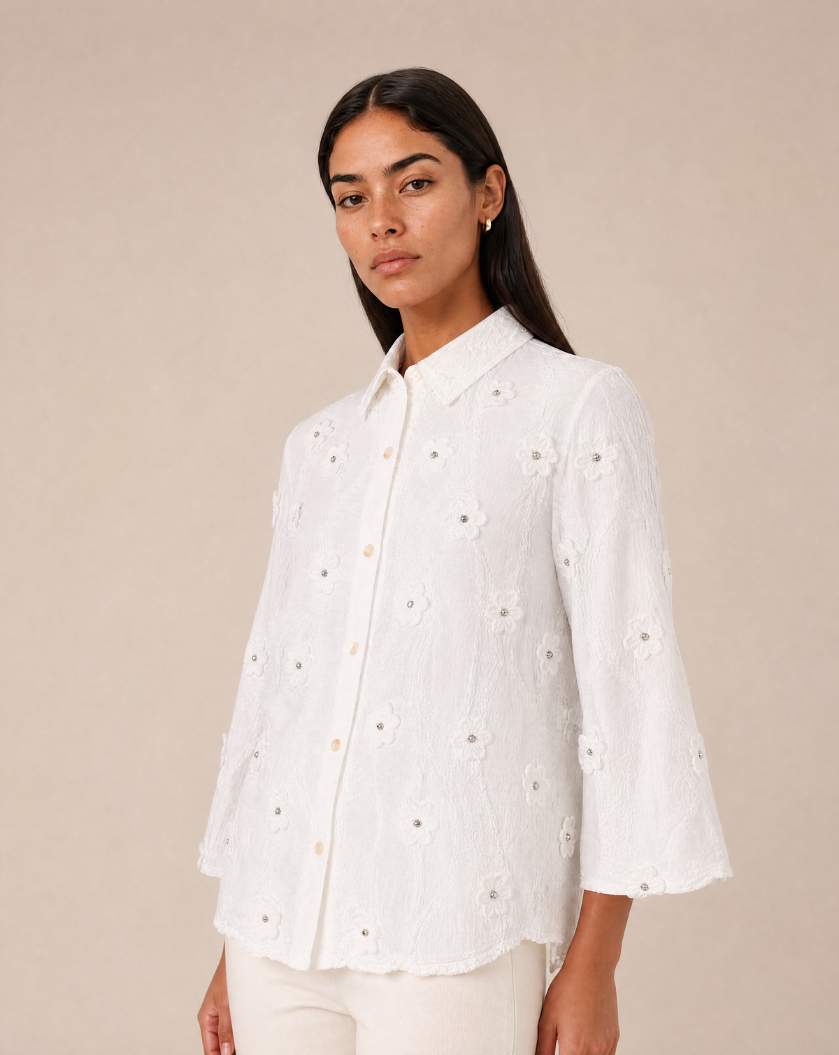 Women's embroidered shirt with 3D floral details