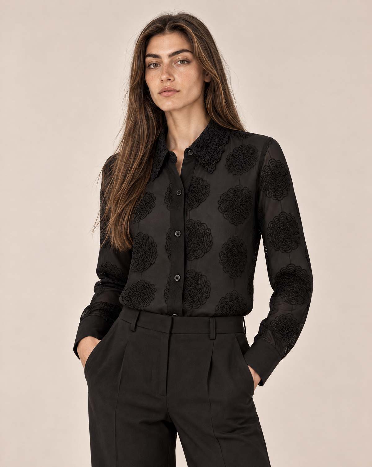 Embroidered women's shirt with raised flowers and a lace collar