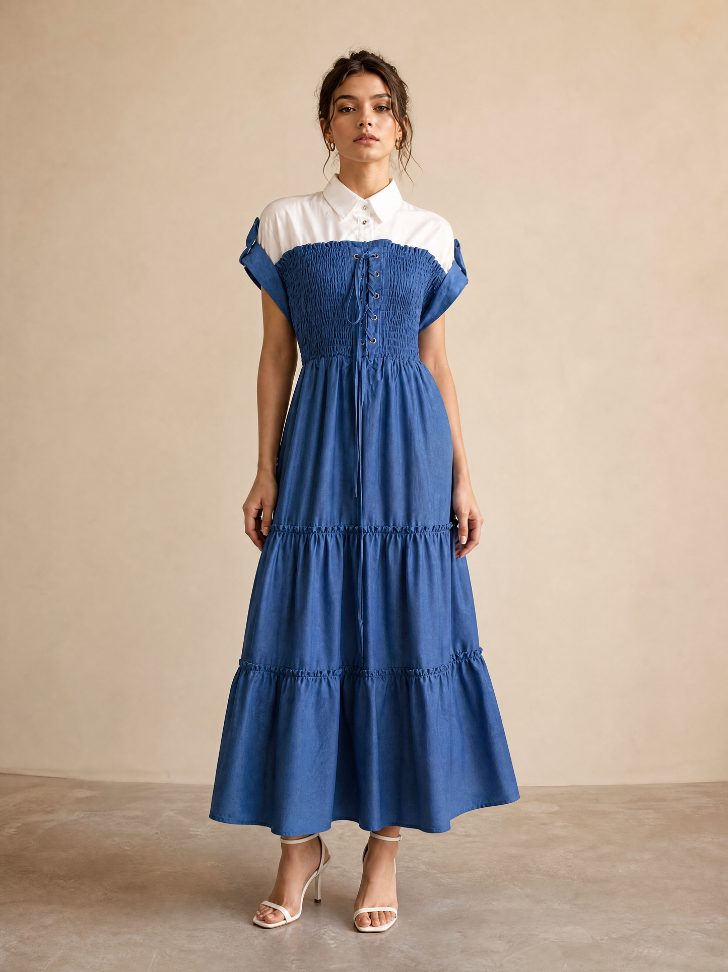Denim dress with smocked detail and front tie