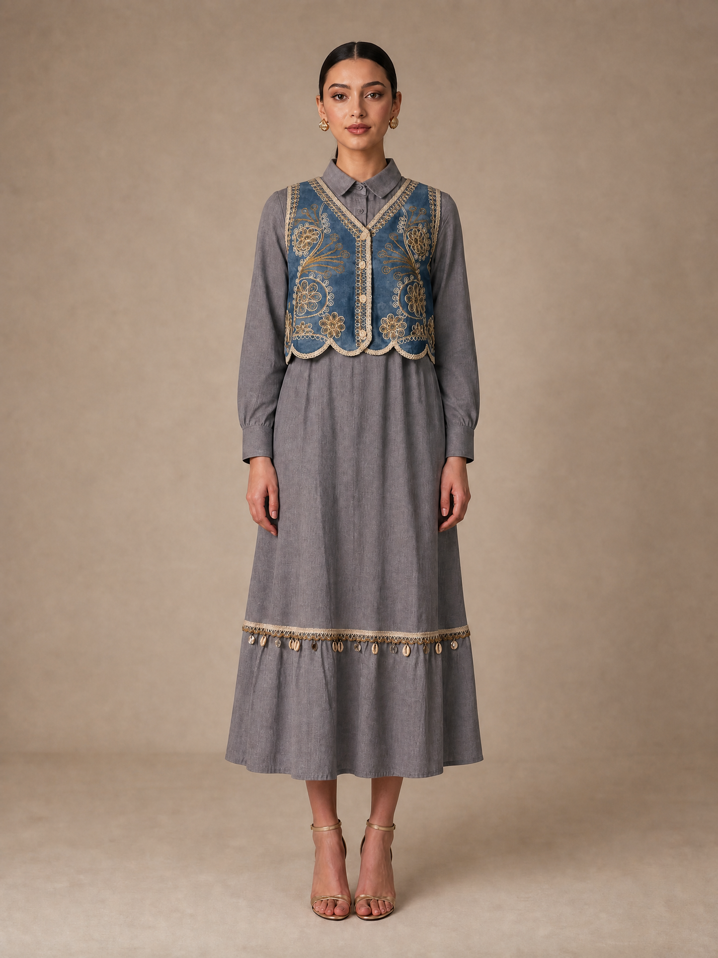 Tiered dress with embroidered waistcoat