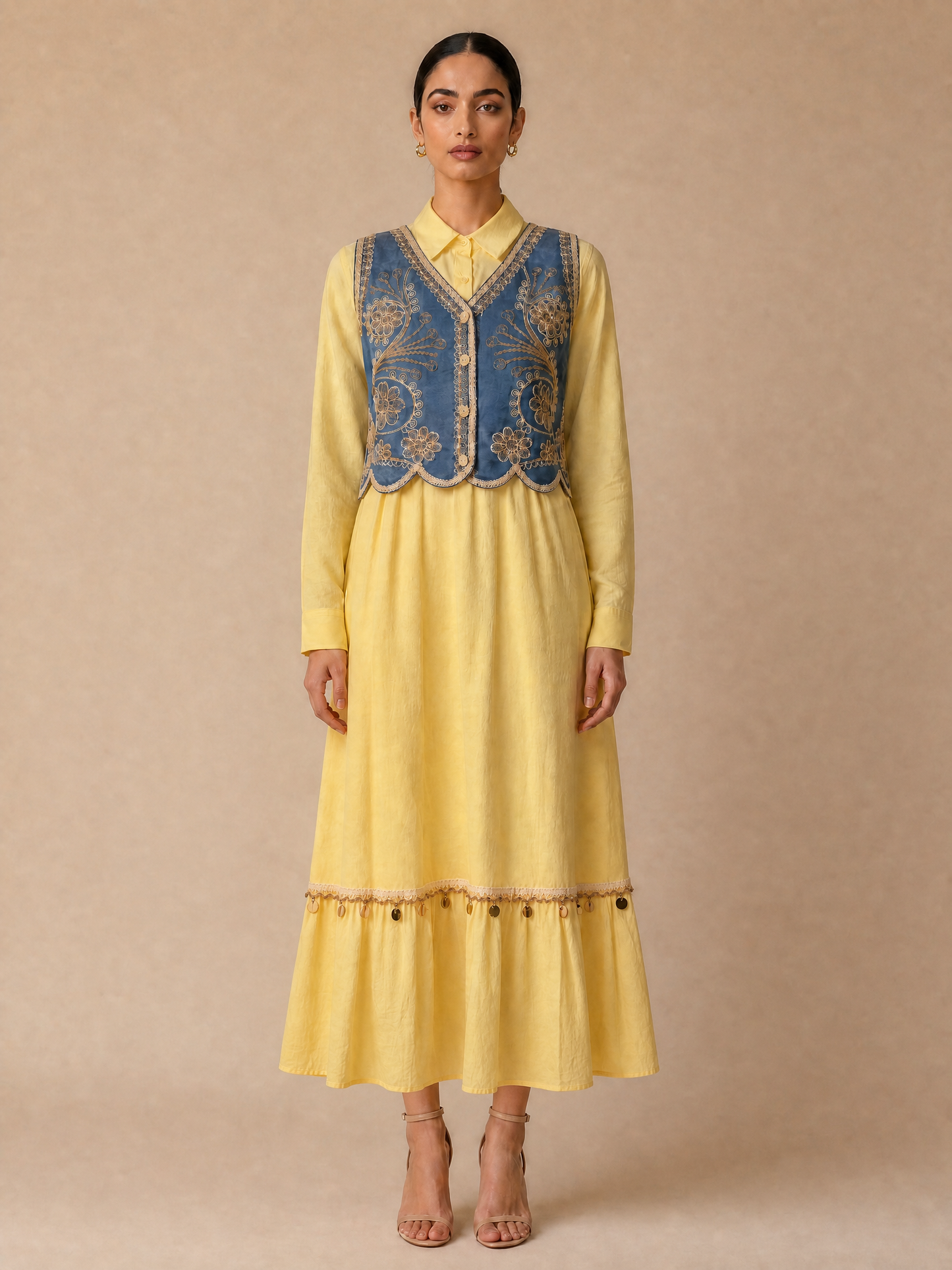 Tiered dress with embroidered waistcoat