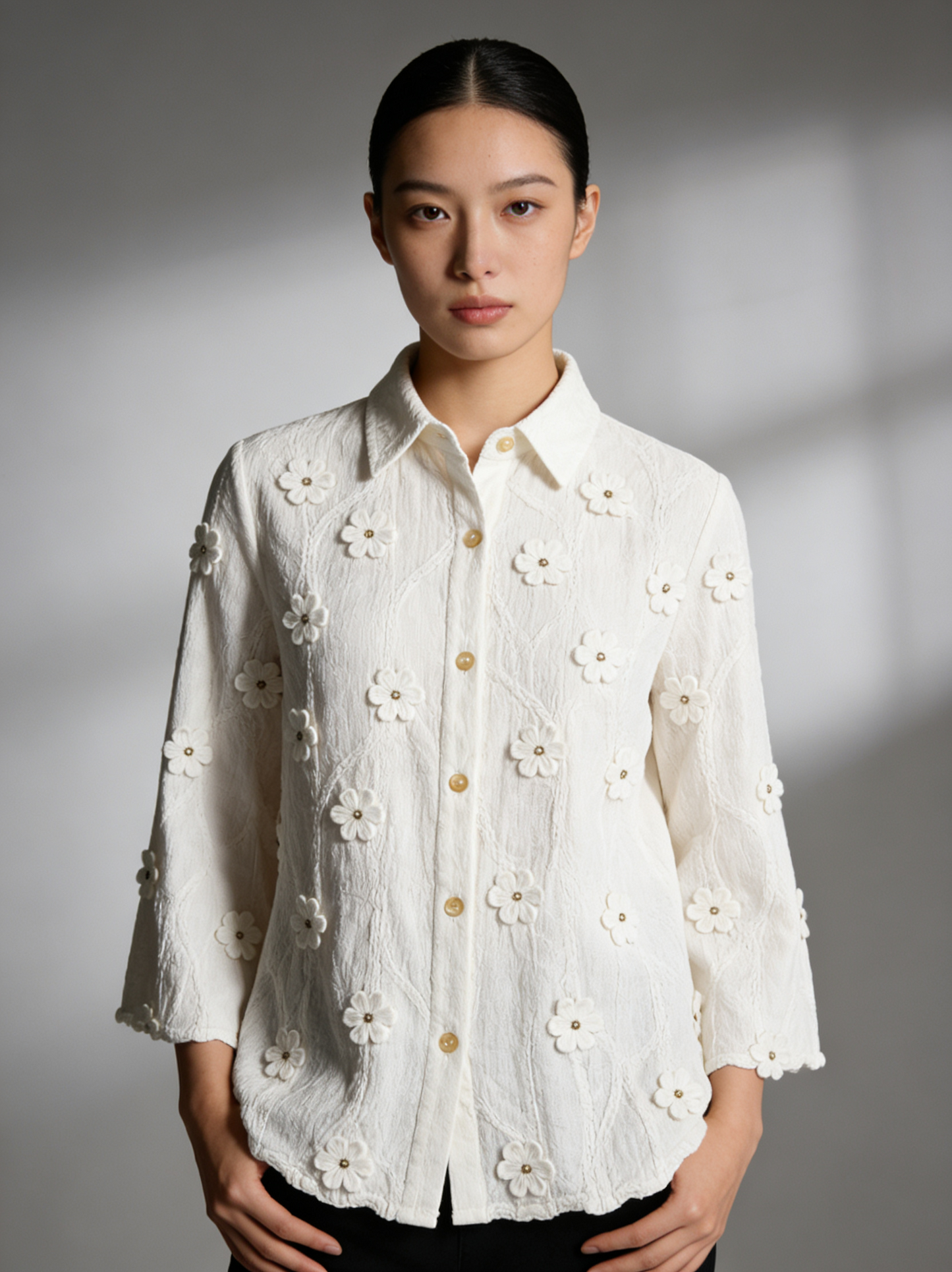 Women's embroidered shirt with 3D floral details